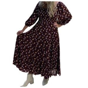 Easel Burgundy Floral Empire Maxi Dress Puff Sleeve Cottagecore S 🌼💃